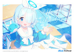 Rule 34 | 1girl, arona (blue archive), blue archive, blue eyes, blue hair, hair over one eye, hairband, halo, happy new year, letter, light blue hair, long sleeves, looking at viewer, mechanical halo, medium hair, new year, official art, open mouth, school uniform, serafuku, sitting, skirt, smile, white hairband, white skirt