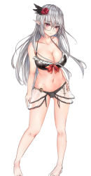 Rule 34 | 1girl, arm at side, barefoot, bikini, breasts, cameltoe, cleavage, elf, frilled bikini, frills, full body, glasses, groin, hand on own hip, highres, large breasts, long hair, luminous, original, pink eyes, pointy ears, silver hair, solo, standing, swimsuit
