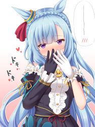 Rule 34 | 1girl, animal ears, asymmetrical gloves, asymmetrical sleeves, bare shoulders, black dress, black gloves, black sleeves, blue hair, blush, bow, braid, breasts, commentary request, covered mouth, crown braid, detached sleeves, dress, ear ribbon, frilled sleeves, frills, gloves, gradient background, hanazome dotera, hands up, head tilt, highres, horse ears, juliet sleeves, long sleeves, mejiro ardan (umamusume), mismatched gloves, mismatched sleeves, nose blush, pink background, pleated dress, puffy short sleeves, puffy sleeves, purple eyes, red ribbon, ribbon, short sleeves, sleeveless, sleeveless dress, small breasts, solo, umamusume, white background, white gloves
