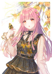 1girl :o arm_at_side blunt_bangs bshi_edayo bug butterfly butterfly_hair_ornament dress flower hair_ornament hand_up highres insect long_hair neck_ribbon open_mouth original pink_hair red_eyes ribbon see-through_clothes see-through_sleeves solo upper_body