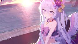 Rule 34 | 1girl, angel wings, animated, azusa (blue archive), blue archive, breasts, cleavage, female focus, flower, flower on head, flowers in hair, from side, hair ornament, hairpin, halo, highres, linea alba, long hair, looking at viewer, midriff, ocean, official art, outdoors, pink eyes, pink ribbon, ribbon, screencap, small breasts, solo, sunset, swimsuit, tagme, very long hair, video, waves, white hair, wings