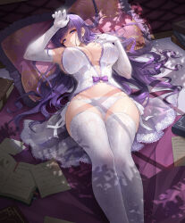 Rule 34 | 1girl, absurdres, babydoll, breasts, elbow gloves, fern (sousou no frieren), gloves, highres, kiaji (pixiv7643817), large breasts, lingerie, long hair, looking at viewer, lying, on back, panties, pillow, purple eyes, purple hair, revision, solo, sousou no frieren, straight hair, thighhighs, underwear, very long hair, white babydoll, white gloves, white panties, white thighhighs