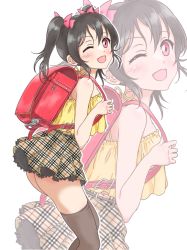 Rule 34 | 1girl, ;d, backpack, bag, black hair, bow, from side, grey thighhighs, hair bow, halterneck, leaning forward, long hair, looking at viewer, love live!, love live! school idol project, miniskirt, one eye closed, open mouth, pink bow, plaid, plaid skirt, randoseru, red background, red eyes, ribbon, shirt, skirt, sleeveless, sleeveless shirt, smile, solo, standing, tetopetesone, thighhighs, twintails, white background, yazawa nico, yellow ribbon, yellow shirt, zettai ryouiki, zoom layer