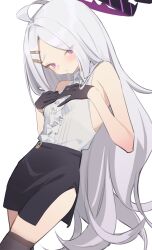 Rule 34 | 1girl, adjusting skirt, ahoge, bare arms, bare shoulders, black gloves, black skirt, black thighhighs, blue archive, blush, breasts, center frills, closed mouth, collared shirt, commentary request, frills, gloves, grey hair, hair ornament, hairclip, halo, hands on own chest, hands up, highres, hina (blue archive), kildir, long hair, parted bangs, pencil skirt, purple eyes, shirt, simple background, skirt, sleeveless, sleeveless shirt, small breasts, solo, thighhighs, very long hair, white background, white shirt
