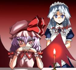 Rule 34 | 2girls, female focus, gendou pose, gradient background, hands clasped, izayoi sakuya, lowres, maid, multiple girls, neon genesis evangelion, own hands clasped, own hands together, parody, remilia scarlet, ribbon, touhou, upper body, vampire, wings