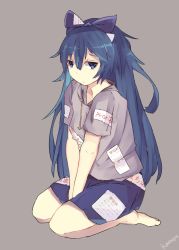 Rule 34 | 1girl, between legs, blue eyes, blue hair, blue skirt, bow, commentary request, debt, full body, grey background, grey jacket, hair bow, hand between legs, jacket, komineya san, long hair, seiza, simple background, sitting, skirt, solo, touhou, yorigami shion