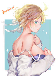 Rule 34 | 1girl, ahoge, aimee (emi), aqua eyes, artoria pendragon (all), artoria pendragon (fate), bad id, bad pixiv id, bare shoulders, blonde hair, blue background, breasts, closed mouth, colored eyelashes, fate/stay night, fate (series), from side, hair bun, hair ribbon, hairband, lipstick, long sleeves, looking at viewer, makeup, medium breasts, pink lips, profile, ribbon, saber (fate), short hair, shoulder blades, sideboob, sideways glance, single hair bun, smile, solo, sparkle, strap slip, sweat, swimsuit, swimsuit under clothes, two-tone hairband, undressing, upper body, white ribbon