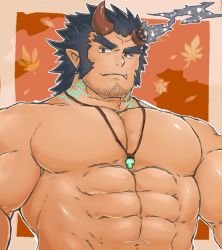 Rule 34 | 1boy, bara, blue hair, brown hair, dark blue hair, demon boy, facial hair, fang, fiery horns, horns, jewelry, large pectorals, long sideburns, looking at viewer, male focus, manly, muscular, necklace, pectorals, sideburns, simple background, solo, stubble, takemaru (housamo), thick eyebrows, tokyo houkago summoners, topless male, upper body, yanutorie