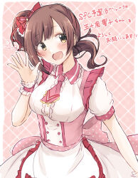 Rule 34 | 1girl, :d, apron, back bow, baran. (ba ra ran), blush, border, bow, breasts, brown hair, character name, dress, frilled dress, frills, hair bow, hand up, heart, highres, idolmaster, idolmaster cinderella girls, igarashi kyoko, long hair, looking at viewer, medium breasts, necktie, open mouth, outside border, pink background, pink corset, pink necktie, plaid, plaid background, puffy short sleeves, puffy sleeves, red bow, short sleeves, side ponytail, sidelocks, smile, solo, translation request, underbust, upper body, waist apron, white apron, white border, white dress, yellow eyes