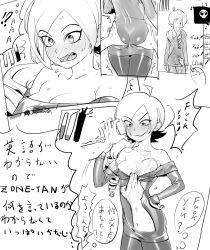 Rule 34 | 1girl, ahoge, angry, ass, ass grab, bare shoulders, blush, borrowed character, breasts, cleavage, cleavage reach, comic, dress, drill hair, english text, fake screenshot, full-face blush, highres, holding another&#039;s wrist, long hair, mikanhoshi, monochrome, off-shoulder, off-shoulder sweater, off shoulder, original, pantyhose, profanity, sweater, sweater dress, translation request, zone-tan