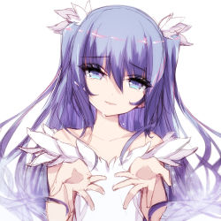 Rule 34 | 1girl, absurdres, bad id, bad pixiv id, blue eyes, closed mouth, collarbone, commentary, flower, hair between eyes, hair flower, hair ornament, highres, long hair, looking at viewer, misteor, original, purple hair, solo, twintails, white background