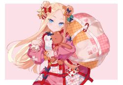 Rule 34 | 1girl, abigail williams (fate), black bow, blonde hair, blue eyes, bow, christmas, closed mouth, commentary request, double bun, dress, fate/grand order, fate (series), forehead, hair bow, hair bun, hair ornament, highres, holding, holding stuffed toy, littleamber, long hair, long sleeves, looking at viewer, multiple hair bows, orange bow, pink background, plaid, puffy long sleeves, puffy sleeves, red bow, simple background, smile, solo, star (symbol), star hair ornament, striped, stuffed animal, stuffed toy, teddy bear, two-tone background, white background