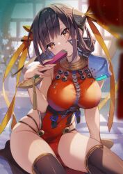 Rule 34 | 1girl, aoi momo, black thighhighs, blurry, blurry foreground, breasts, brown hair, china dress, chinese clothes, dress, folded fan, folding fan, furrowed brow, hand fan, heaven burns red, highres, large breasts, li yingxia, looking at viewer, red dress, sitting, solo, thighhighs, thighs, wariza