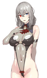 Rule 34 | 1girl, bad id, bad twitter id, bare shoulders, blue eyes, boots, breasts, covered navel, eden grenze, elbow gloves, gloves, grey hair, grey leotard, hand on own chest, heterochromia, highleg, highleg leotard, kageshio (276006), large breasts, leotard, long hair, looking at viewer, red eyes, red gloves, silver (eden), smile, solo, thigh boots, thighhighs