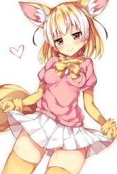 Rule 34 | 10s, 1girl, animal ears, blonde hair, blush, brown eyes, cowboy shot, elbow gloves, fennec (kemono friends), fox ears, fox tail, gloves, heart, highres, kemono friends, long hair, looking at viewer, multicolored hair, neck ribbon, pink sweater, pleated skirt, ribbon, shiny skin, short-sleeved sweater, short sleeves, simple background, skirt, skirt hold, smile, solo, standing, sweat, sweater, tail, thighhighs, unacchi (nyusankin), white background, white hair, white skirt, yellow gloves, yellow ribbon, yellow thighhighs, zettai ryouiki