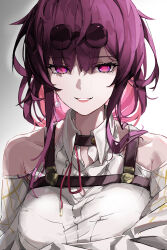 Rule 34 | 1girl, absurdres, bare shoulders, breasts, chest harness, clothing cutout, collarbone, collared shirt, earrings, eyewear on head, grin, hair between eyes, harness, highres, honkai: star rail, honkai (series), jewelry, kafka (honkai: star rail), long bangs, looking at viewer, medium breasts, parted lips, purple eyes, purple hair, round eyewear, shadow, shirt, shoulder cutout, sidelocks, simple background, smile, solo, sstthei, straight-on, sunglasses, teeth, upper body, white background, white shirt