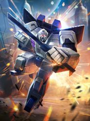 Rule 34 | 1boy, artist request, battle, battleslash, box art, building, clenched hand, cybertron, damaged, debris, decepticon, dirty, energy, explosion, flying, glowing, glowing eyes, holding, holding weapon, hologram, insignia, lens flare, looking at viewer, mecha, motion lines, official art, promotional art, realistic, robot, roundel, science fiction, sparks, sword, symbol, transformers, weapon, wings