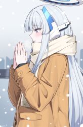 Rule 34 | 1girl, blue archive, blush, brown coat, coat, enpera, fingernails, from side, grey hair, halo, highres, long hair, long sleeves, mechanical halo, noa (blue archive), outdoors, parted lips, profile, purple eyes, reia 76, scarf, snowing, solo, twitter username, upper body, white scarf