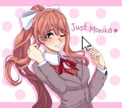 Rule 34 | 1girl, arms up, bow, breasts, brown hair, character name, collared shirt, cursor, doki doki literature club, english text, green eyes, hair bow, highres, leaning back, medium breasts, monika (doki doki literature club), one eye closed, open mouth, picking up, pink background, polka dot, polka dot background, ponytail, school uniform, seityr, shirt, smile, solo, text focus, upper body, white shirt