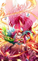 Rule 34 | 1girl, absurdres, arms up, black thighhighs, blue hair, boots, closed mouth, cure flamingo, fingerless gloves, fire, fishnet thighhighs, fishnets, floating hair, gloves, hair between eyes, highres, long hair, looking at viewer, magical girl, multicolored hair, pink sailor collar, precure, purple eyes, red footwear, red hair, sailor collar, smile, solo, takizawa asuka, thighhighs, tropical-rouge! precure, two-tone hair, very long hair, white gloves, wings, yuutarou (fukiiincho)