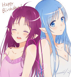 Rule 34 | 2girls, ahoge, aminyao, asuna (sao-alo), blue eyes, blue hair, breasts, cleavage, closed eyes, collarbone, drooling, hair down, hair intakes, happy birthday, heart, highres, long hair, medium breasts, multiple girls, off shoulder, open mouth, pink shirt, pointy ears, shirt, simple background, sleeping, sleeveless, sleeveless shirt, straight hair, sword art online, upper body, very long hair, white background, white shirt, yuuki (sao)