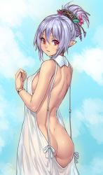 Rule 34 | 1girl, :3, ass, back, backless, backless dress, backless outfit, bracelet, breasts, dress, elf, from behind, hair ornament, highres, houtengeki, jewelry, light purple hair, looking at viewer, looking back, no panties, original, pointy ears, red eyes, sideboob, smile, solo
