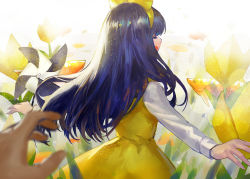 Rule 34 | 1girl, :d, animal, blouse, blue hair, blurry, blurry foreground, bow, canking, commentary request, depth of field, devotion, dress, du meishin, closed eyes, fish, flower, hair bow, hairband, long hair, long sleeves, open mouth, out of frame, pinwheel, shirt, sleeveless, sleeveless dress, smile, solo focus, tulip, very long hair, white shirt, yellow bow, yellow dress, yellow flower, yellow hairband, yellow tulip