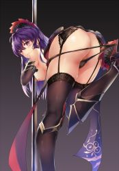 Rule 34 | 1girl, ahoge, arm belt, ass, back, bare shoulders, benghuai xueyuan, bent over, black footwear, black panties, blush, breasts, brown gloves, brown thighhighs, cameltoe, cowboy shot, elbow gloves, fingernails, from behind, garter straps, gloves, gradient background, hair between eyes, hand up, heart, heart-shaped pupils, high heels, highres, honkai (series), knee pads, lace, lace-trimmed legwear, lace trim, leaning forward, leg up, long hair, looking at viewer, looking back, medium breasts, naughty face, nipples, no bra, open mouth, original, panties, panty pull, parted lips, pole, pole dancing, pulling own clothes, purple eyes, purple hair, raiden mei, raiden mei (shadow dash), saliva, saliva trail, sexually suggestive, shoes, smile, solo, standing, standing on one leg, stripper pole, sweat, symbol-shaped pupils, teeth, thighhighs, tongue, tongue out, twisted neck, underwear, upper teeth only, zomzomzomsauce