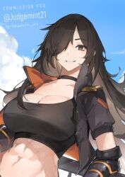 Rule 34 | 1girl, abs, against railing, artist name, black bra, black choker, black hair, blue sky, bra, breasts, choker, cleavage, cloud, cloudy sky, commission, commissioner name, cropped jacket, day, gauntlets, hair over one eye, high collar, highres, jacket, large breasts, long bangs, long hair, looking at viewer, lucadark art, midriff, multicolored clothes, multicolored jacket, original, railing, sera (judgemint), shaded face, shiny skin, sky, smile, solo focus, sports bra, toned, twitter username, two-tone jacket, underwear, yellow eyes