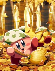 Rule 34 | :d, aruco co, autumn, autumn leaves, blue eyes, blush, blush stickers, broom, broom hatter, cleaning kirby, commentary, copy ability, day, falling leaves, forest, head scarf, highres, holding, holding broom, kirby, kirby (series), leaf, nature, nintendo, no humans, open mouth, outdoors, smile, star (symbol), star print, sweeping, symbol-only commentary, tree, white headwear