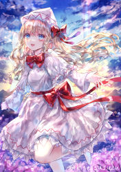 Rule 34 | 1girl, bad id, bad pixiv id, blonde hair, blue eyes, blush, capelet, cherry blossoms, dress, fairy, fairy wings, foot out of frame, hair between eyes, hat, highres, lily white, long hair, long sleeves, open mouth, smile, solo, suzushina, touhou, twitter username, white capelet, white dress, white hat, wings