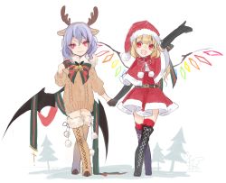 Rule 34 | 2girls, alternate costume, antlers, bat wings, black footwear, black gloves, blonde hair, boots, brown footwear, capelet, cross-laced footwear, dress, elbow gloves, flandre scarlet, fur collar, gloves, hand up, hat, highres, holding hands, horns, lace-up boots, looking at viewer, multiple girls, open mouth, outstretched arm, pink eyes, red dress, red eyes, red hat, remilia scarlet, santa dress, santa hat, short dress, siblings, simple background, sisters, smile, standing, thighhighs, touhou, toutenkou, white background, wings