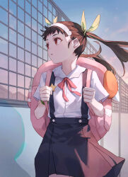 Rule 34 | 1girl, backpack, bag, blue skirt, brown hair, commentary, cowboy shot, evening, floating clothes, floating hair, green bracelet, green ribbon, hachikuji mayoi, hair ribbon, hairband, highres, long hair, looking to the side, monogatari (series), neck ribbon, outdoors, parted lips, pink bag, pink ribbon, red eyes, ribbon, school uniform, shirt, short sleeves, skirt, solo, standing, star (symbol), suspender skirt, suspenders, tesin (7aehyun), twintails, white hairband, white shirt