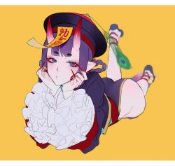 Rule 34 | 1girl, arm support, ass, blunt bangs, braid, china dress, chinese clothes, dress, fate/grand order, fate (series), fingernails, hat, head rest, highres, horns, jiangshi, letterboxed, long fingernails, looking at viewer, lying, nail polish, ofuda, ofuda on clothes, on stomach, parted lips, purple dress, purple eyes, purple hair, red nails, sankomichi, sharp fingernails, short eyebrows, shuten douji (fate), simple background, skin-covered horns, solo, the pose, twin braids, yellow background