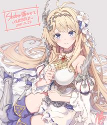 Rule 34 | 1girl, antenna hair, armored boots, bare shoulders, belt, blonde hair, blue eyes, blush, boots, botamochi (exwelder), breasts, commission, detached sleeves, dress, flower, granblue fantasy, grey background, hair flower, hair intakes, hair ornament, hand up, jeanne d&#039;arc (granblue fantasy), large breasts, long hair, looking at viewer, ribbon-trimmed dress, signature, simple background, sitting, skeb commission, smile, solo, strapless, strapless dress, thigh boots, thighhighs, very long hair, white dress, yokozuwari