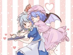 Rule 34 | 2girls, ;o, ^ ^, apron, bad id, bad pixiv id, bat wings, blue dress, blue hair, blush, bow, braid, closed eyes, commentary request, cowboy shot, cup, dress, closed eyes, fang, fang out, glomp, hair ribbon, hat, hat bow, heart, hug, hug from behind, izayoi sakuya, kototoki, maid, maid headdress, mob cap, multiple girls, one eye closed, puffy short sleeves, puffy sleeves, red eyes, remilia scarlet, ribbon, short hair, short sleeves, silver hair, simple background, skirt, skirt set, smile, spilling, striped, striped background, teacup, touhou, tray, tress ribbon, twin braids, waist apron, wings