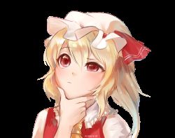 Rule 34 | 1girl, animated, animated gif, artist name, ascot, blinking, blonde hair, bow, stroking own chin, flandre scarlet, hair between eyes, hand on own chin, hat, hat bow, mob cap, no wings, non-web source, puffy short sleeves, puffy sleeves, red eyes, reddverse, short sleeves, side ponytail, signature, sketch, solo, thinking, touhou, transparent background