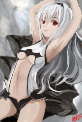 Rule 34 | 10s, 1girl, abyssal ship, air defense princess, armpits, arms up, bare shoulders, breasts, colored skin, commentary request, eyebrows, grey background, grin, hair between eyes, hairband, kantai collection, long hair, red eyes, small breasts, smile, solo, underboob, very long hair, white hair, white skin, yanagi wakana