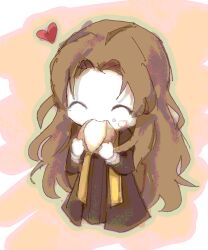 Rule 34 | 1girl, atoymk, baked potato, black coat, black dress, brown hair, chibi, closed eyes, coat, commentary request, dress, eating, food, heart, holding, holding food, korean commentary, limbus company, long hair, long sleeves, no nose, open clothes, open coat, pale skin, parted bangs, project moon, rodion (project moon), sketch, solo