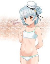 Rule 34 | 1girl, ame-san, arms behind back, black ribbon, blue hair, bra, brown eyes, commentary request, cowboy shot, dated, dixie cup hat, double bun, flat chest, groin, hair bun, hat, hat ribbon, highres, kantai collection, looking at viewer, military hat, navel, one-hour drawing challenge, panties, ribbon, samuel b. roberts (kancolle), short hair, solo, standing, training bra, twitter username, underwear, underwear only, white bra, white hat, white panties