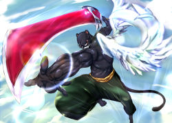 Rule 34 | 1boy, cat, doro rich, fairy tail, gradient background, male focus, muscular, pantherlily, scar, solo, sword, tail, warrior, weapon, wings