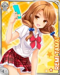 Rule 34 | 1girl, :d, bow, bowtie, brown eyes, brown hair, card (medium), girlfriend (kari), looking at viewer, low twintails, official art, open mouth, plaid, plaid skirt, pleated skirt, qp:flapper, red bow, red skirt, school uniform, shirt, skirt, smile, socks, solo, tagme, tamai remi, tanabata, twintails, white shirt, yellow background