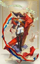 Rule 34 | 024 (1a41a4), 1boy, absurdres, ascot, bara, beard, belt, bird, black legwear, blue eyes, boots, brown hair, cannon, cloak, collar, confetti, epaulettes, facial hair, fate/grand order, fate (series), french flag, french text, fringe trim, full body, goatee, hat, highres, huge weapon, large hat, long sideburns, long sleeves, looking at viewer, male focus, manly, medal, military, military uniform, napoleon bonaparte (fate), pants, pectorals, sash, shiny clothes, sideburns, solo, stairs, standing, swan, tagme, thick thighs, thighs, tight clothes, uniform, weapon, white pants