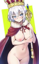Rule 34 | 1girl, absurdres, blue eyes, blush, breasts, cloak, closed mouth, cowboy shot, crown, date a live, ebora, hair between eyes, hat, highres, holding, medium breasts, naked cloak, navel, nipples, nude, red cloak, short hair, solo, standing, tobiichi origami, white hair