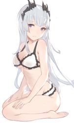 Rule 34 | 1girl, nanashi inc., bad id, bad pixiv id, bare arms, bare legs, bare shoulders, barefoot, bra, breasts, cleavage, closed mouth, collarbone, feet, full body, hair ornament, hanarito, hands on own thighs, honey strap, large breasts, long hair, looking at viewer, mole, mole under eye, navel, panties, purple eyes, seiza, silver hair, simple background, sitting, solo, sougetsu eli, stomach, thighs, underwear, underwear only, virtual youtuber, white background, white bra, white panties