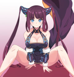 Rule 34 | 1girl, artist request, bare shoulders, black dress, blue eyes, blush, breasts, china dress, chinese clothes, cleavage, closed mouth, collarbone, detached sleeves, dress, fate/grand order, fate (series), gradient background, hair ornament, knees up, large breasts, leaf hair ornament, long hair, looking at viewer, pink background, purple hair, sidelocks, sitting, smile, solo, spread legs, twintails, very long hair, yang guifei (fate), yang guifei (second ascension) (fate)