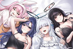 Rule 34 | 4girls, absurdres, bed sheet, black camisole, black hair, blue archive, blue eyes, blush stickers, breasts, camisole, cleavage, fingernails, flat chest, grey hair, halo, highres, koyuki (blue archive), large breasts, long hair, long sleeves, mechanical halo, multiple girls, noa (blue archive), open mouth, pajamas, pink hair, pink halo, ponytail, purple eyes, purple hair, raki kr, red eyes, rio (blue archive), seminar (blue archive), smile, twintails, white pajamas, yuuka (blue archive)