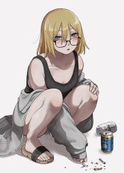 Rule 34 | 1girl, absurdres, alcohol, asahi breweries, beer can, between legs, black tank top, blonde hair, blue eyes, blush, breasts, can, cigarette, cigarette butt, cleavage, collarbone, drink can, drunk, feet, full body, glasses, grey background, grey jacket, hair between eyes, hand between legs, highres, jacket, long sleeves, medium breasts, medium hair, off shoulder, open clothes, open jacket, open mouth, original, sandals, shadow, shorts, sidelocks, simple background, sleeves past wrists, solo, squatting, squinting, tabao, tank top, thighs, toenails, toes, white shorts