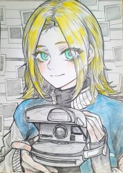 Rule 34 | 1girl, blonde hair, blue jacket, camera, hair over one eye, highres, jacket, looking at viewer, m4skedboi, photo (object), scp-105, scp foundation, short hair, smile, upper body