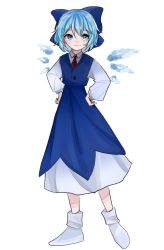 Rule 34 | 1girl, blue bow, blue dress, blue eyes, blue hair, bow, cirnium, cirno, collared shirt, dress, flat chest, hair bow, highres, ice, ice wings, long dress, necktie, pinafore dress, puffy short sleeves, puffy sleeves, red necktie, shirt, short hair, short sleeves, simple background, sleeveless dress, socks, solo, touhou, white background, white shirt, white socks, wings